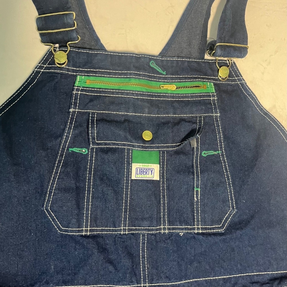 Liberty Mens Blue Denim Bib Overalls Green Zipper Workwear R342150 50x32 - Picture 3 of 8
